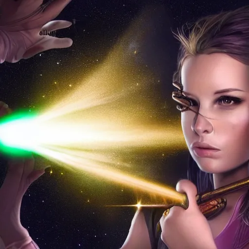 Image similar to a female fantasy wizard shooting a beam of energy at an object off screen, eyes serious cool look,