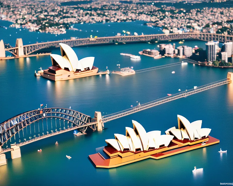 Image similar to sydney opera house and harbour bridge lego town, 3 5 mm lens, shallow dof, cinematic, photo, 4 k, detailed, tiny