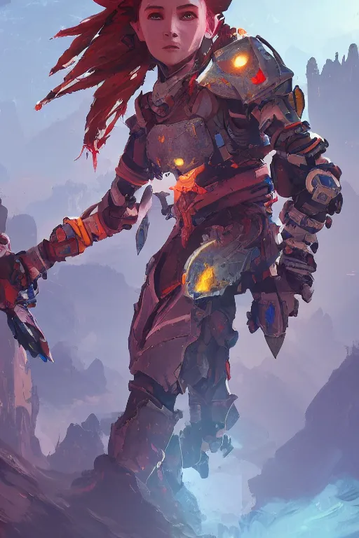 Image similar to combination suit armor aloy horizon forbidden west horizon zero dawn radiating a glowing aura global illumination ray tracing hdr fanart arstation by ian pesty and alena aenami artworks in 4 k tribal robot ninja mask helmet backpack