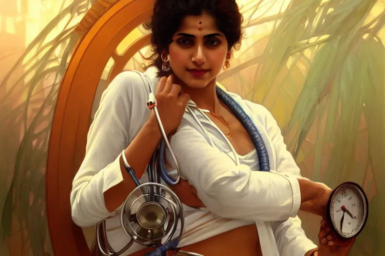 Image similar to sensual pale beautiful indian doctor in jeans with stethoscope, art deco portrait, elegant, intricate, digital painting, artstation, concept art, smooth, sharp focus, illustration, art by artgerm and greg rutkowski and alphonse mucha