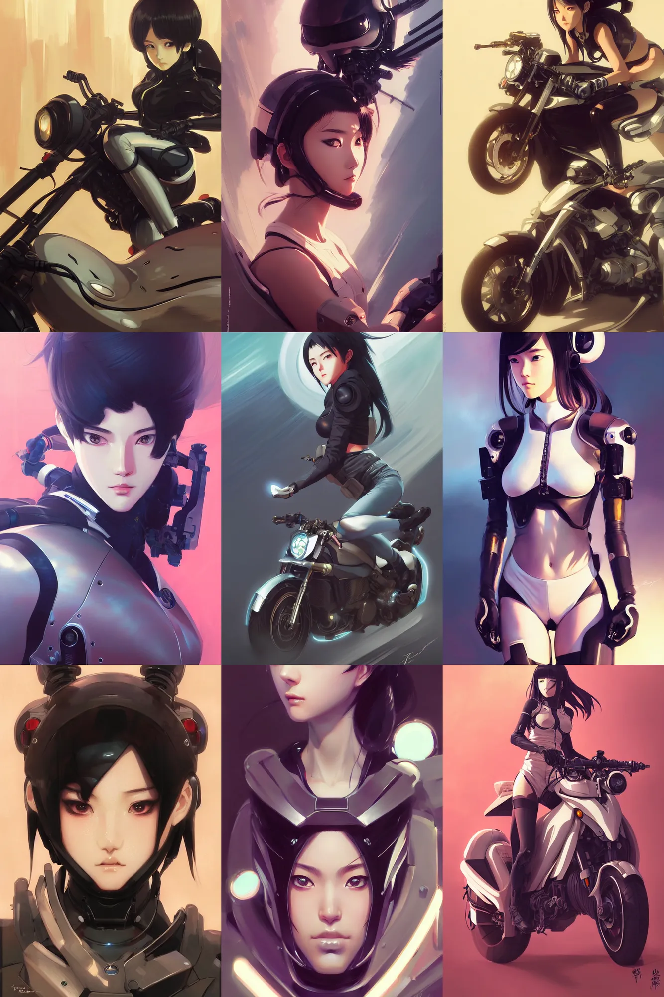 Prompt: hyper - realistic portrait of beautiful! alluring! anime teen, gorgeous symmetrical face, riding a futuristic motorcycle, extreme detail, in style of pan ren wei, atey ghailan, greg rutkowski, col price, yoji shinkawa, by greg tocchini, by james gilleard, by joe fenton, grunge aesthetic