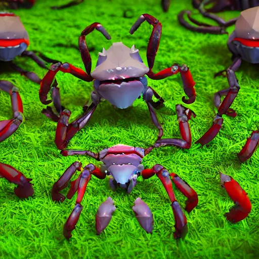 Image similar to voidless of the festival!, large group of crabs and worms, crawling along a bed of moss, low poly, creeper world, handcrafted, artstation, hyperrealistic, hard light, best practices, creeptastic, photorealism, macro perspective, cuddly