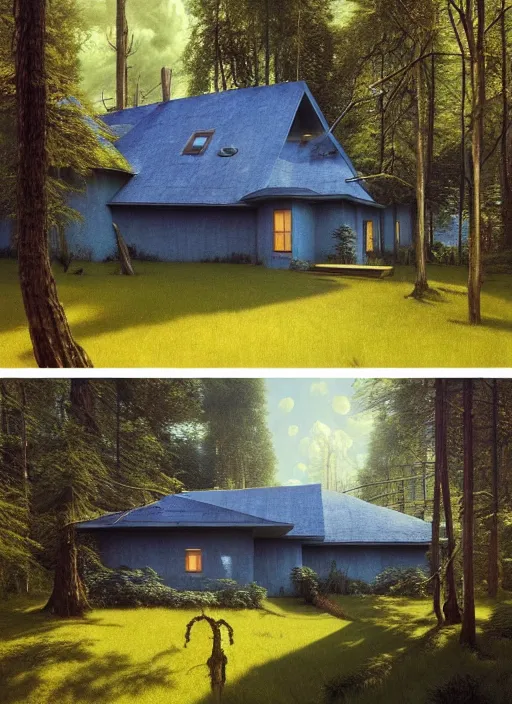 Image similar to hyper realistic witchy modern house with mood lighting and tech in the woods gorgeous lighting, blue sky, highly detailed, lush forest foliage painting by zdzisław beksinski and norman rockwell and greg rutkowski weta studio, and lucasfilm