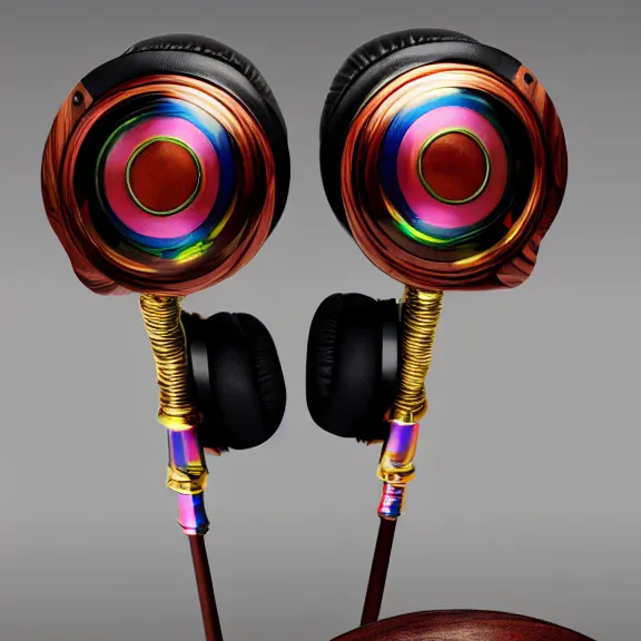 Image similar to masterpiece photo of beautiful crafted artistic bismuth metal headphones, bismuth rainbow metal, bismuth cups, leather padding, displayed on mahogany desk, modernist headphones, bismuth headphones beautiful well designed, hyperrealistic, audiophile, intricate hyper detail, extreme high quality, photographic, meze audio, sennheiser, hifiman, artstation, abyssal audio