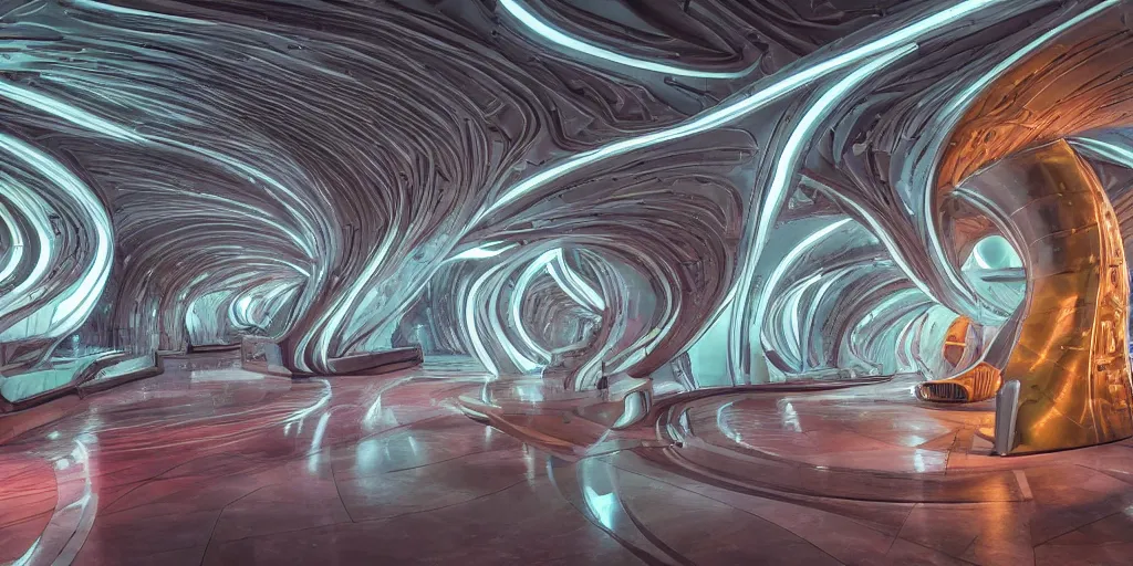 Prompt: extremely detailed stunning beautiful futuristic smooth curvilinear museum interior, colorful, hyper real, 8k, 3D cinematic volume light