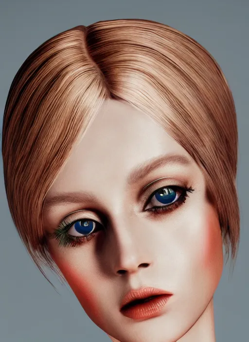 Prompt: italian vogue 6 0 s vintage cover portrait of a female model, twiggy, and strong eye make up by steven meisel, 8 k, octane render, ultra sharp hyper detailed digital art