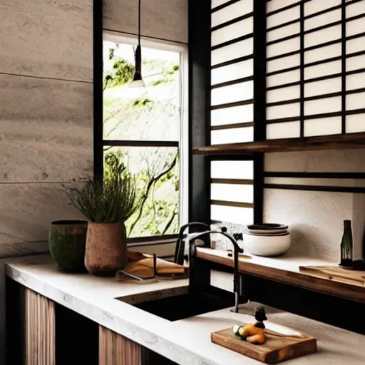 Image similar to kitchen, stone, interior design, stylish luxury hotel kitchen design, yakisugi, black vertical slatted timber, textures, feminine, black walls, art, Japanese pottery vase with flowers, kakejiku, seasonal, Japanese influences