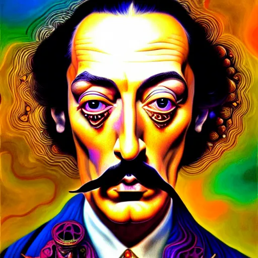 Prompt: An extremely psychedelic portrait of Salvador Dali, surreal, LSD, face, detailed, intricate, elegant, lithe, highly detailed, digital painting, artstation, concept art, smooth, sharp focus, illustration