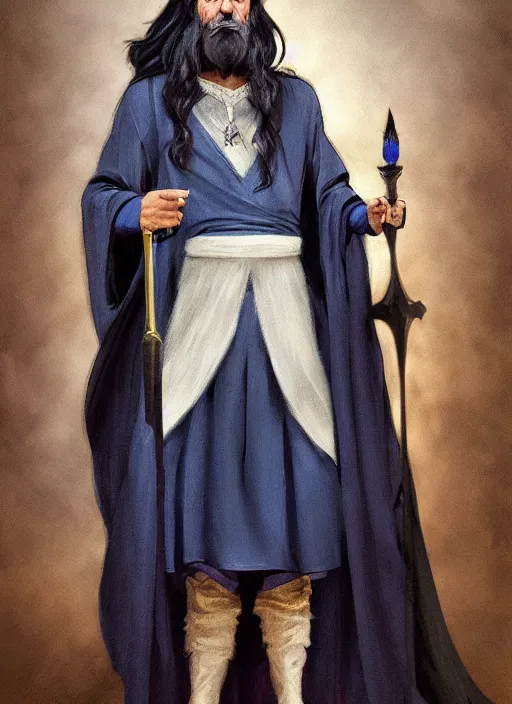 Prompt: medium - length portrait of a male wizard, arcane sigils hovering over his hands, with long white hair and glowing blue eyes, long white beard, dark brown skin, stern expression, wears a long robe, medieval setting, dramatic pose, highly detailed, digital painting, artstation, concept art, sharp focus, illustration, art by greg rutkowski and alphonse mucha