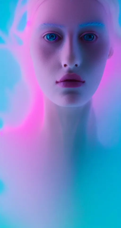 Image similar to high quality pastel coloured film close up photograph of a cyber model in an icelandic black rock!! environment in a dreamstate environment. three point light. photographic. art directed. pastel colours. volumetric light. pastel gradient overlay. waves glitch. 8 k. filmic.