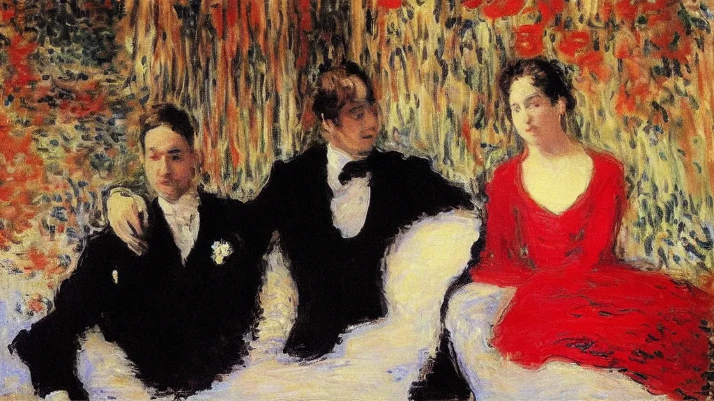 Prompt: “beautiful woman in red dress sitting with her handsome husband in a black suit, monet painting”