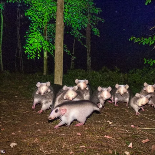 Image similar to photo of opossum birthday party in the forest at night