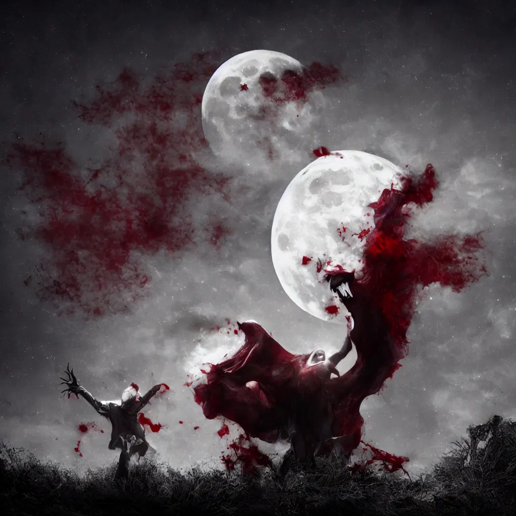 Prompt: bloody menacing vampire opening its mouthx baring its fangs under the moon with vapor in twilight, darkart, hyperdetailed, hyperealistic, cinematography, 8k,beautiful