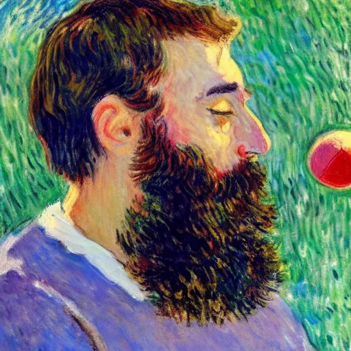 Prompt: monet painting of a bearded man with short hair kissing a soccer ball, closed eyes, intimate, beautiful, highly detailed, realistic,