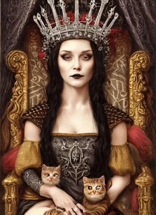 Prompt: highly detailed closeup portrait of a goth medieval queen wearing a crown and sitting on a throne, surrounded by cute cats, unreal engine, nicoletta ceccoli, mark ryden, earl norem, lostfish, global illumination, god rays, detailed and intricate environment