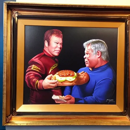 Prompt: portrait of william shatner feeding captain kirk giant hamburgers, extra bacon lettuce and tomatoes, an oil painting by ross tran and thomas kincade