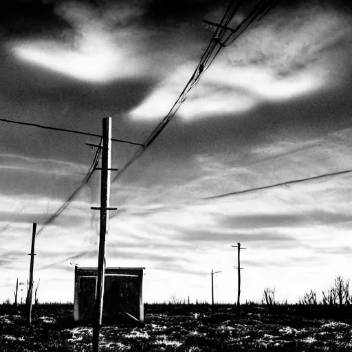 Image similar to radioactive spike field, creepy monotone black and white lighting, post nuclear fallout, desolate, no life, high resolution, old photo,