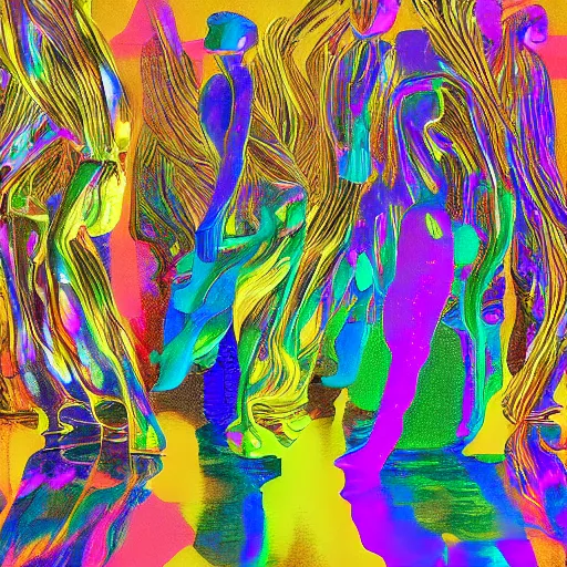 Image similar to liquid people dancing in a lightfull room by lynda benglis, hyperrealistic, shadows, high detail, digital art