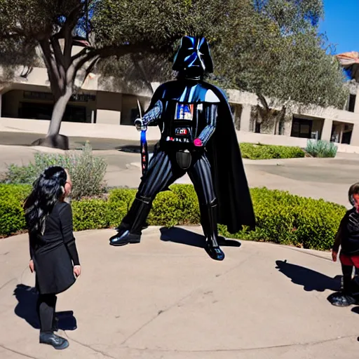 Prompt: Darth Vader riding a my little pony outside of hepner hall at San Diego State University