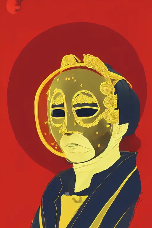 Image similar to portrait of a man with a mask on his face in the form of a spiral in a golden kimono, full face, against the background of a bright red moon, sad motif, by ilya kuvshinov, dramatic, soft colors, futuristic, 8 k