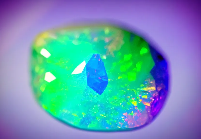 Image similar to iridescent gemstone, refraction, shining, opal, diamond, sapphire, topaz, nature, photo, blur, macro lens, lens flare