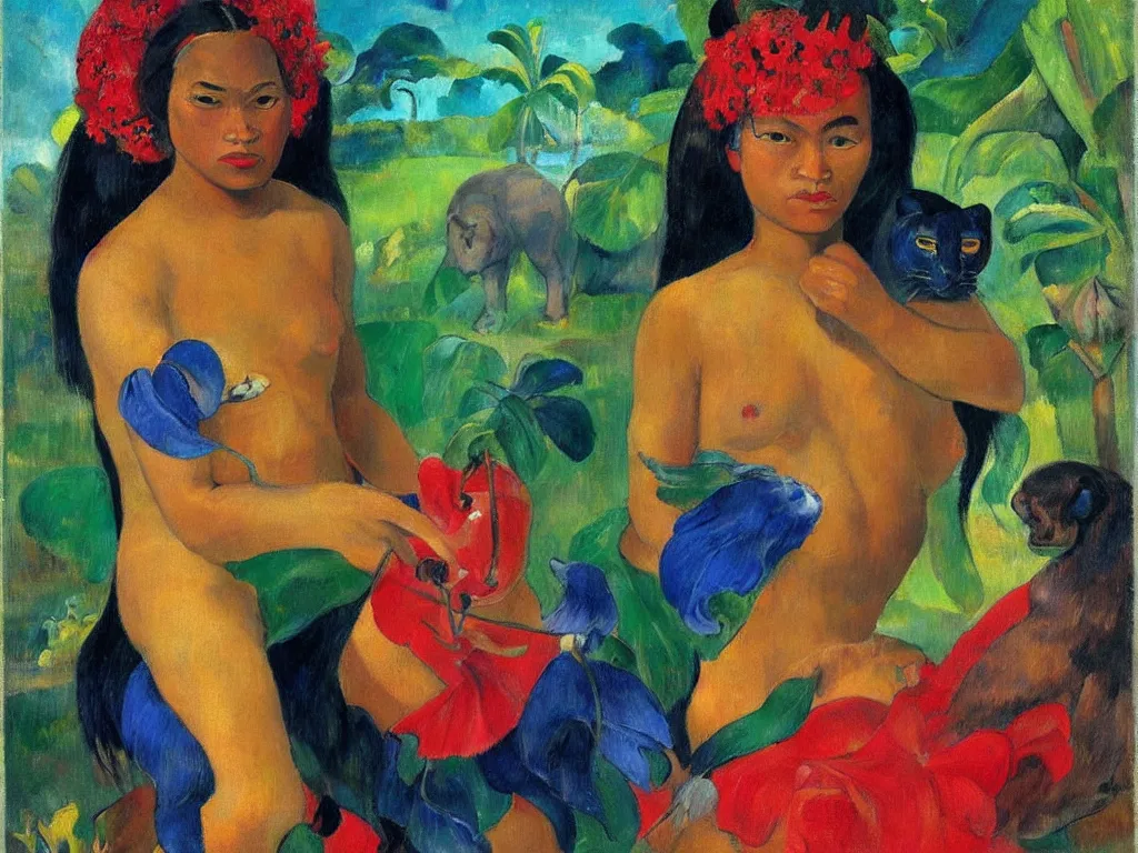Image similar to Portrait of a Tahitian woman with panther. Lapis Lazuli, malachite, cinnabar. Painting by Gauguin, Agnes Pelton