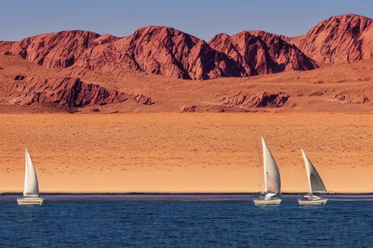 Prompt: photograph of a boat with two sails sailing in a desert, wide shot, atmospheric