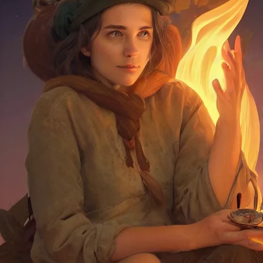 Prompt: epic portrait a scout woman sitting by campfire, beauty, pretty face, glossy skin, glowing, digital painting, artstation, concept art, soft light, hdri, smooth, sharp focus, illustration, fantasy, intricate, elegant, highly detailed, D&D, matte painting, in the style of Greg Rutkowski and Alphonse Mucha and artemisia, 8k, highly detailed, jurgens, rutkowski, bouguereau, pastoral, rustic, georgic