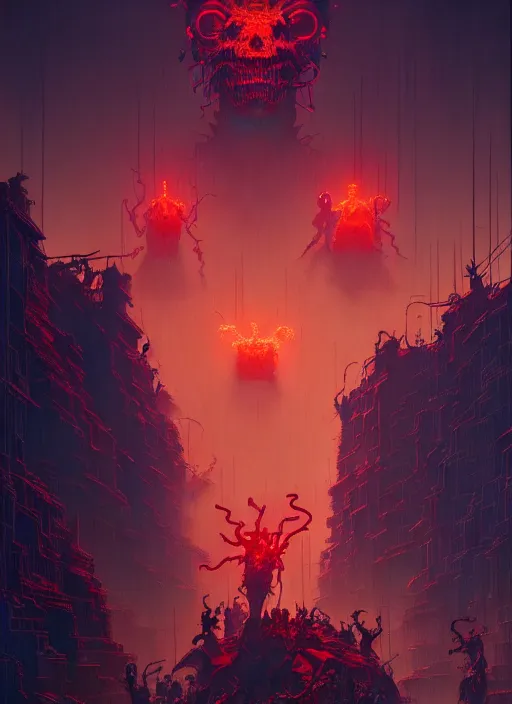 Image similar to masterpiece concept art, neon demons, by greg rutkowski and geof darrow, 8 k, intricate detail, cinematic lighting