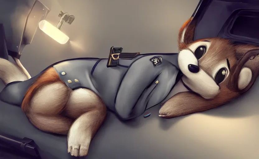 Image similar to a furry policewoman in the police uniform sleeping in the police car, artstation hq, stylized, symmetry, modeled lighting, expressive, studio photo refined, highly detailed, hyper realistic, furry, sense of awe, zootopia style