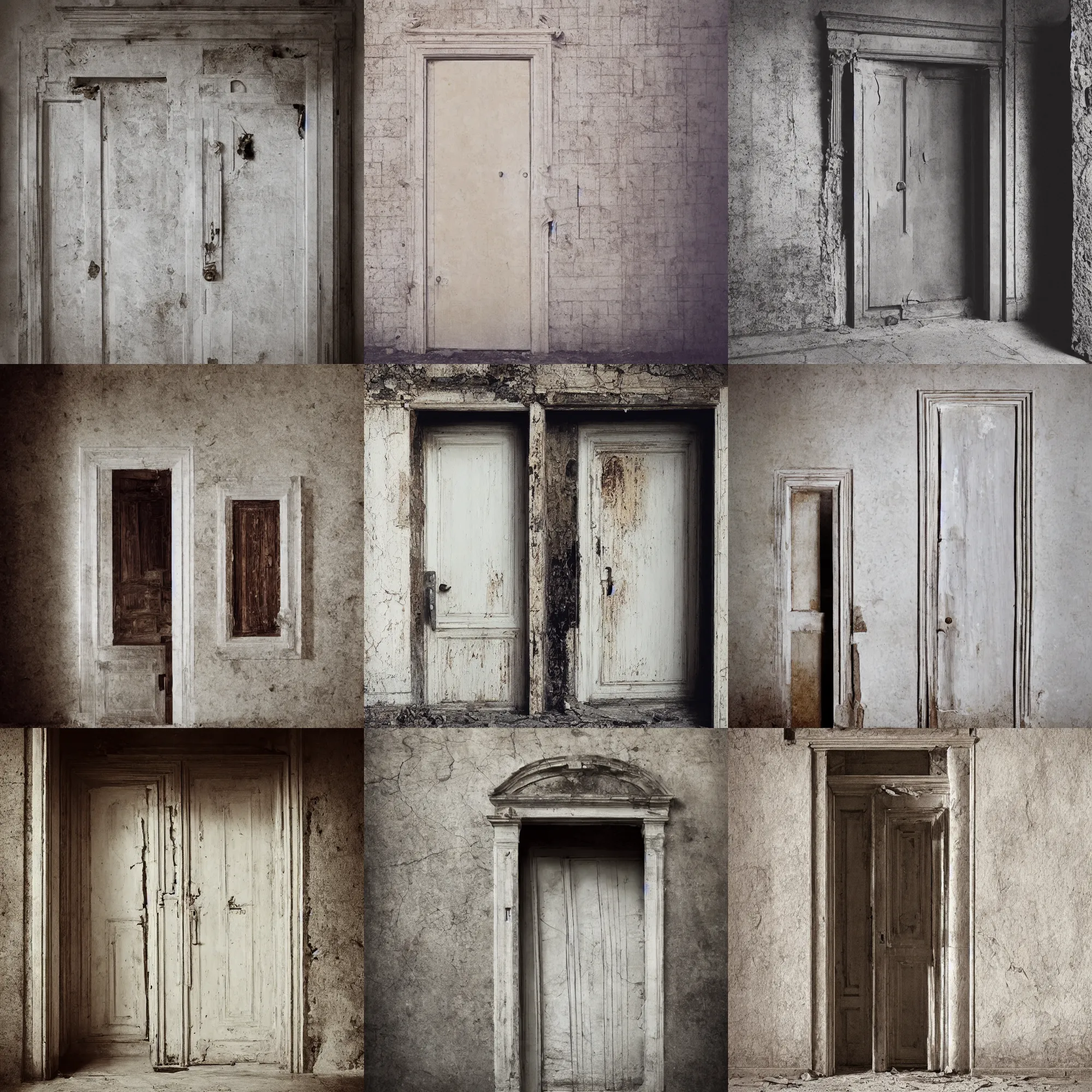 Prompt: marble wall with an ancient timber door, film photo, soft lighting album cover, nostalgia, gradient, derelict