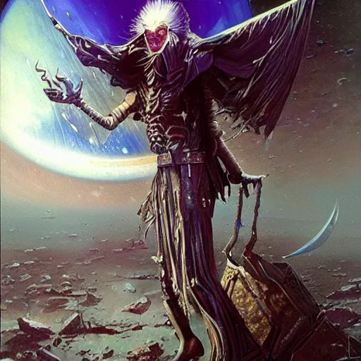 Image similar to sci - fi human necromancer, art by bruce pennington