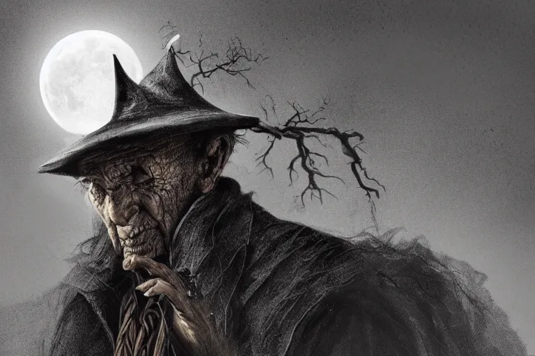 Prompt: a blind old wizard in a pointed hat, frightened look, dark night, full moon, extreme close up, crows on the oak tree, highly detailed digital art, photorealistic