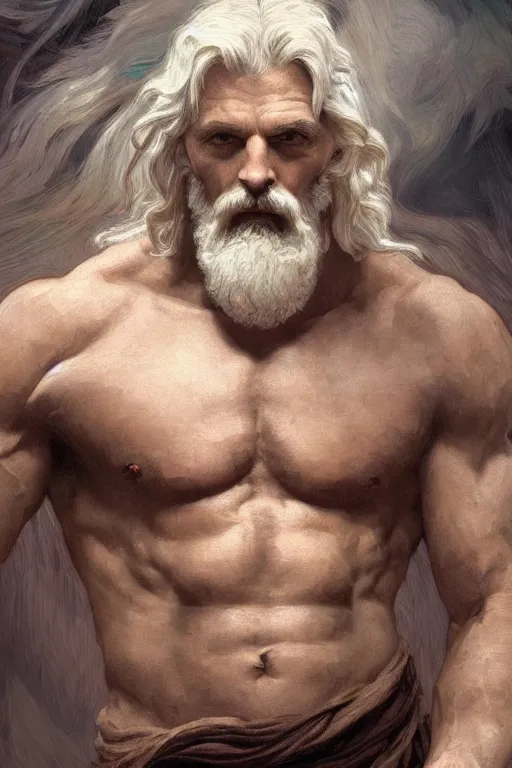 Prompt: painted portrait of rugged zeus, piercing eyes, god of thunder, greek god, white hair, masculine, mature, handsome, upper body, muscular, hairy torso, fantasy, intricate, elegant, highly detailed, digital painting, artstation, concept art, smooth, sharp focus, illustration, art by gaston bussiere and alphonse mucha