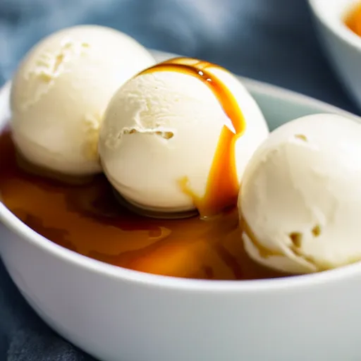 Image similar to closeup of a bowl with three balls of plain vanilla ice cream with caramel sauce. Simplistic. Food photography.