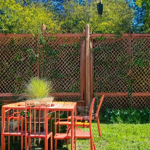 Image similar to fenced in garden, orange brick fence, wood fired bbq and wooden table covered by trellis with vines, bright sunny day, blue skies, no clouds, artistic rendering 8k