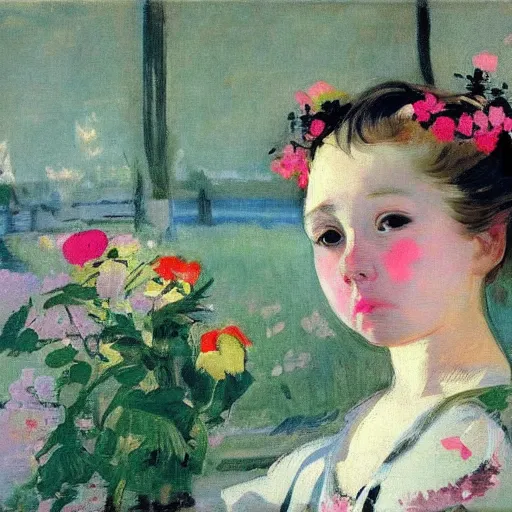 Image similar to Young girl, with flowers on her face, Valentin Serov style