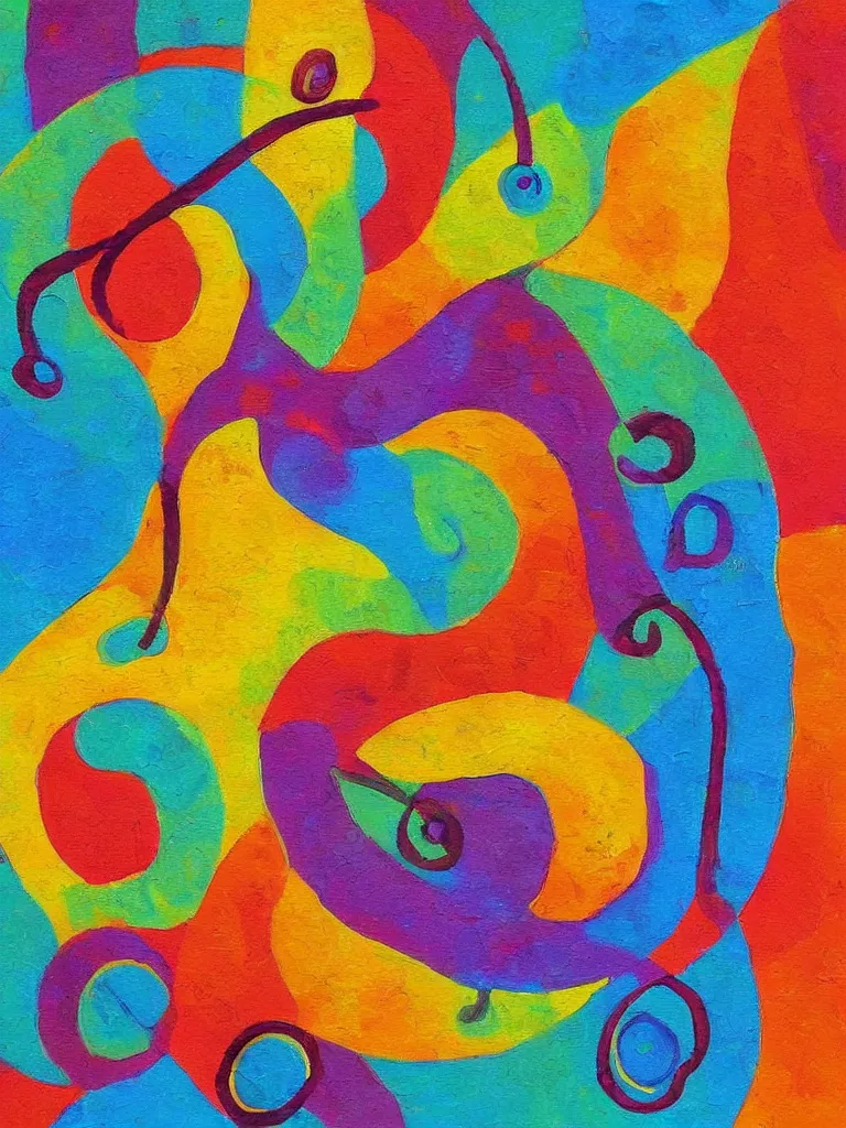 Prompt: an abstract painting of an acorn that turns into a tree in the shape of a treble clef, colorful and expressive