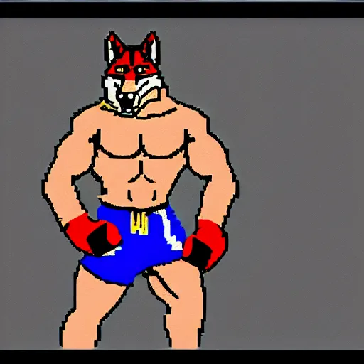 Prompt: full body portrait. 1 6 bit sega graphics. antropomorphic muscular masculine wolf, kickboxer fighter, in shorts, wolf head, in front of burning town at night. furr on body. 1 9 8 9