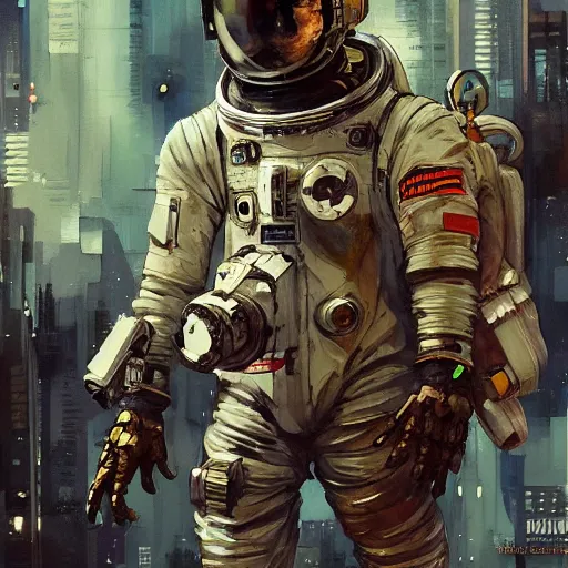 Image similar to astronaut, cyberpunk, realistic, detailed, Industrial Scifi, paint, watercolor, in the style of Ashley Wood and Wadim Kashin