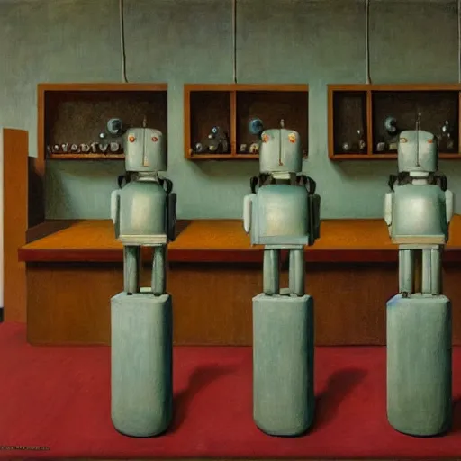 Prompt: three brutalist robot bishops in a study chambers, grant wood, pj crook, edward hopper, oil on canvas