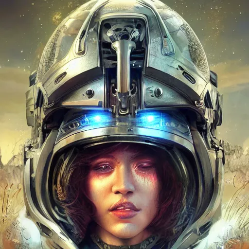 Prompt: Futuristic female soldier with open helmet in armour, machine city background with alien plants, upper body portrait, highly detailed, fractals, ornate, cinematic, 8k, by Stanley Artgermm, Tom Bagshaw, Greg Rutkowski, Carne Griffiths, Ayami Kojima, trending on DeviantArt, hyper detailed, full of color, digital art,