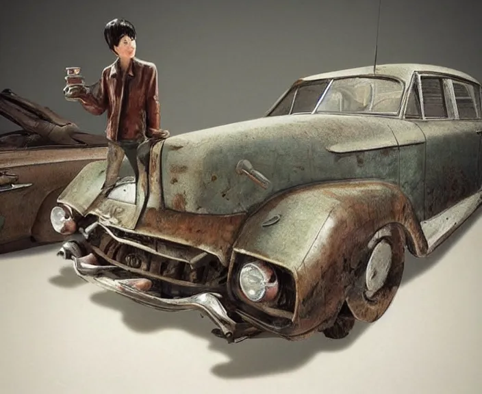 Image similar to a wooden sculpture of a vintage car from fallout 4, digital art by studio ghibli and greg rutkowski, beautiful, cute, hyperrealism artstyle, amazing lighting