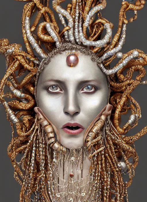 Image similar to hyperrealism, detailed textures, award winning autochrome photo, symetrical africanpearl old screaming medusa queen autochrome pearl portrait, pearl silverplate, intricate, detailed facial pearl scary animal mask, pearl, golden jewelery, silverplate, ultra realistic, cinematic, intricate, cinematic light by steve mccurry, unreal engine 8 k