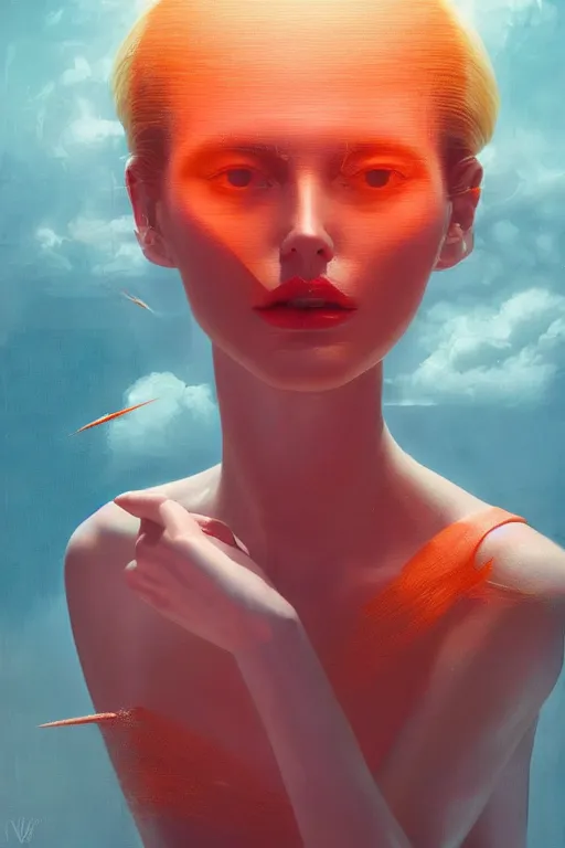 Image similar to 3 d, sci - fi, morning, blonde fashion model face, sun, cinematic, lightning, clouds, vogue cover style, stanley kubrick, light red and orange mood, realistic painting, intricate oil painting, high detail, figurative art, multiple exposure, poster art, 3 d, by tooth wu and wlop and beeple and greg rutkowski