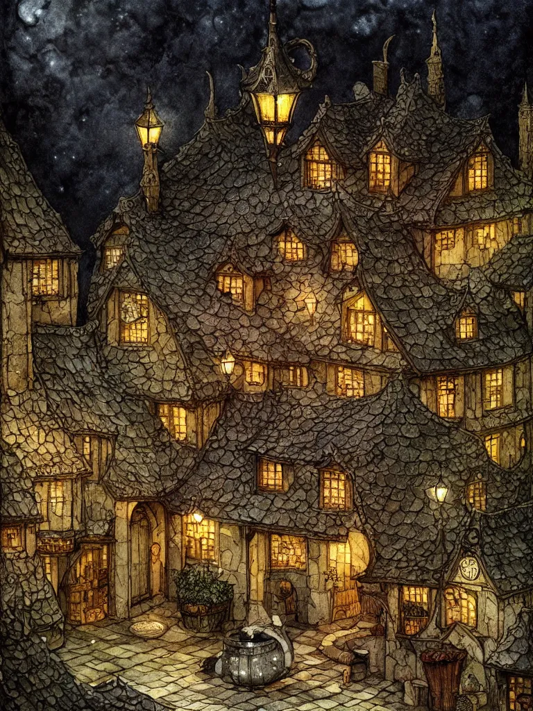 Image similar to medieval tavern exterior night, shingled roof, dark alleyway, fantasy, intricate, elegant, highly detailed, digital painting, artstation, concept art, matte, sharp focus, illustration, art by kay nielsen and walter crane, illustration style, watercolor