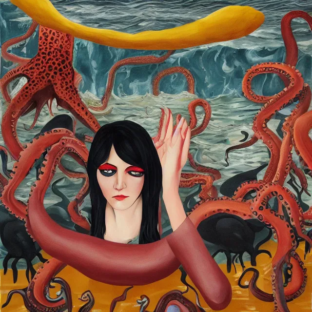 Image similar to tall female emo artist holding an octopus in a flooded cafe, octopus, water gushing from ceiling, painting of flood waters inside a cafe, a river flooding indoors, pomegranates, pigs, ikebana, water, octopus, river, rapids, waterfall, black swans, canoe, berries, acrylic on canvas, surrealist, by francesco clemente