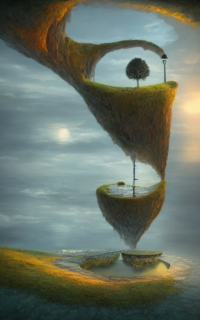 Image similar to a surreal landscape at sunset with a immense gigantic ornated iron chalice cup with a lake inside, water in excess dropping by gediminas pranckevicius