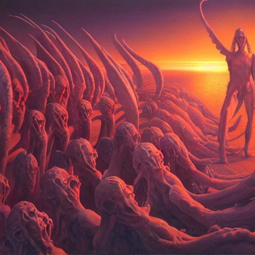 Image similar to Soul eating angels satisfy their hunger, light illumination at sunset, by Wayne Barlowe height 768