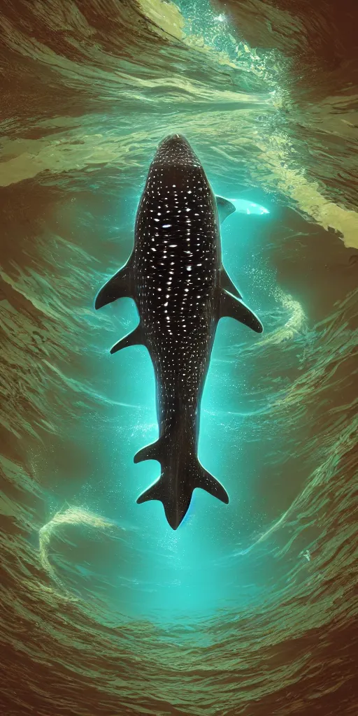 Prompt: A bioluminescent whale shark jumping out of the ocean by beeple, lovecraft, coherent, symmetrical, intricate, high detail, digital painting, octane render, 4k, trending on artstation